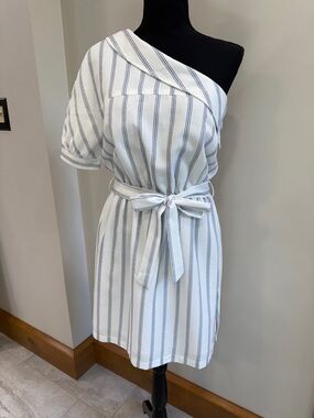 After Market NWT White Dress Blue Stripe One Shoulder Tie Waist Dress Size S